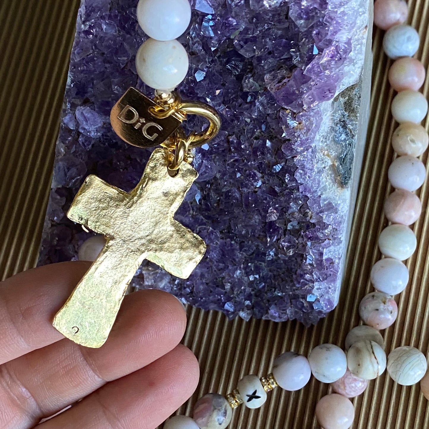 Large Gold Cross & Pink Opal Necklace