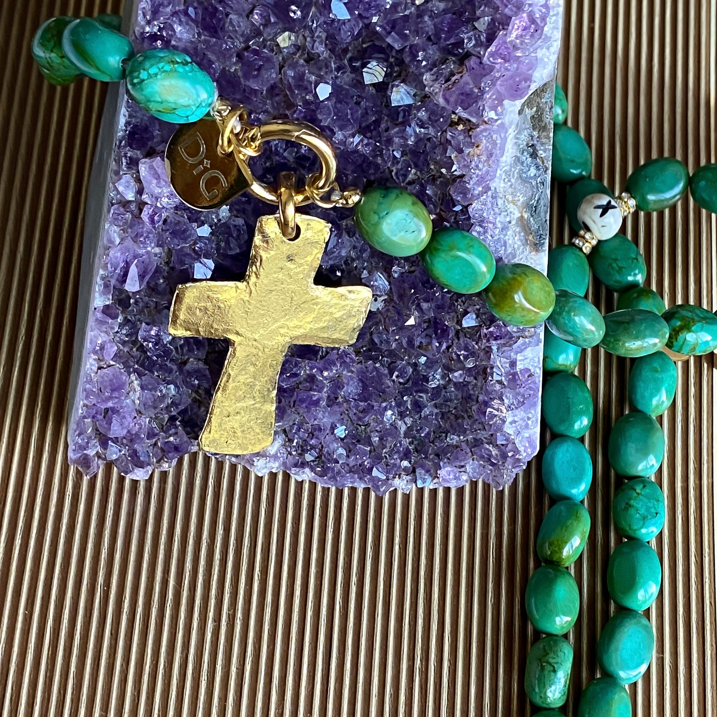 Large Gold Cross & Green Turquoise Necklace