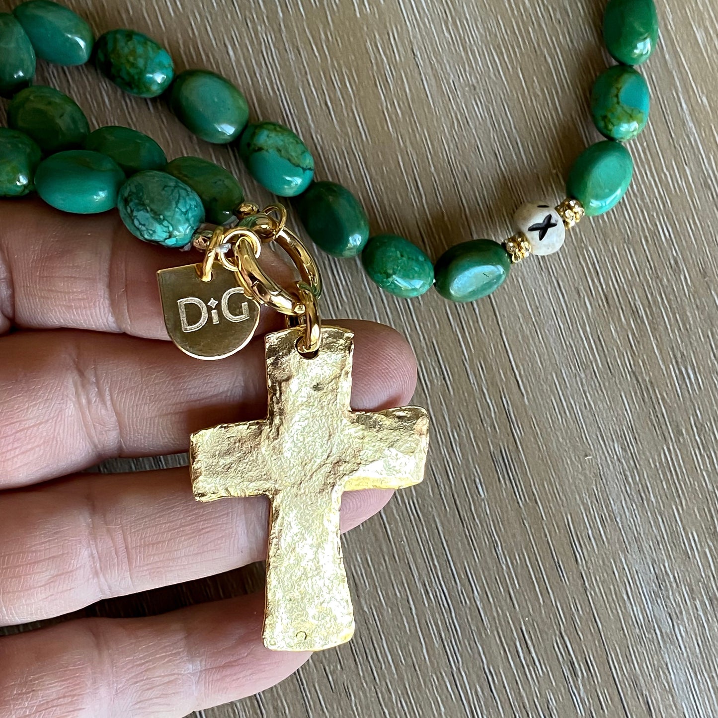 Large Gold Cross & Green Turquoise Necklace