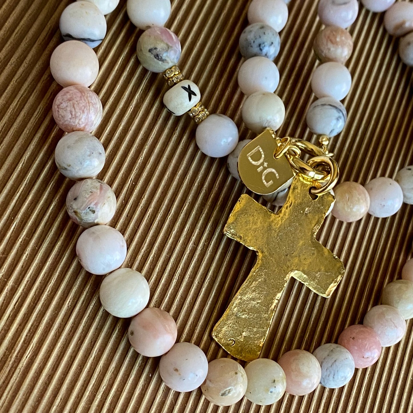 Large Gold Cross & Pink Opal Necklace