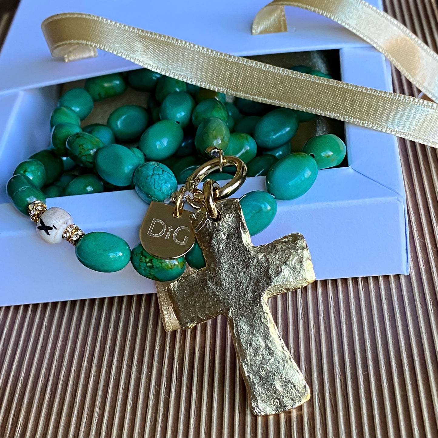 Large Gold Cross & Green Turquoise Necklace