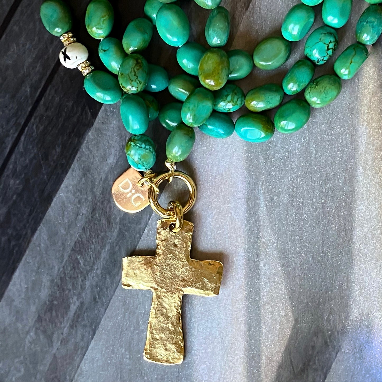 Large Gold Cross & Green Turquoise Necklace