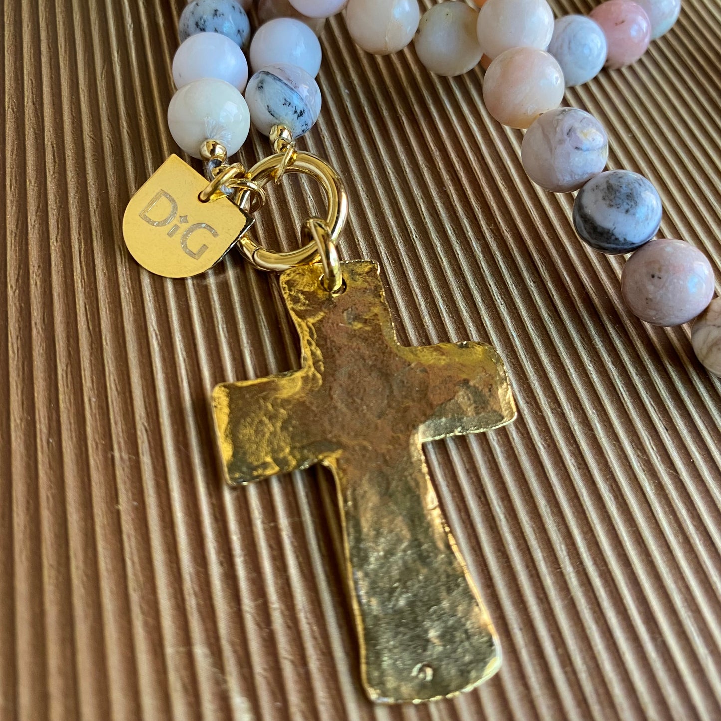 Large Gold Cross & Pink Opal Necklace