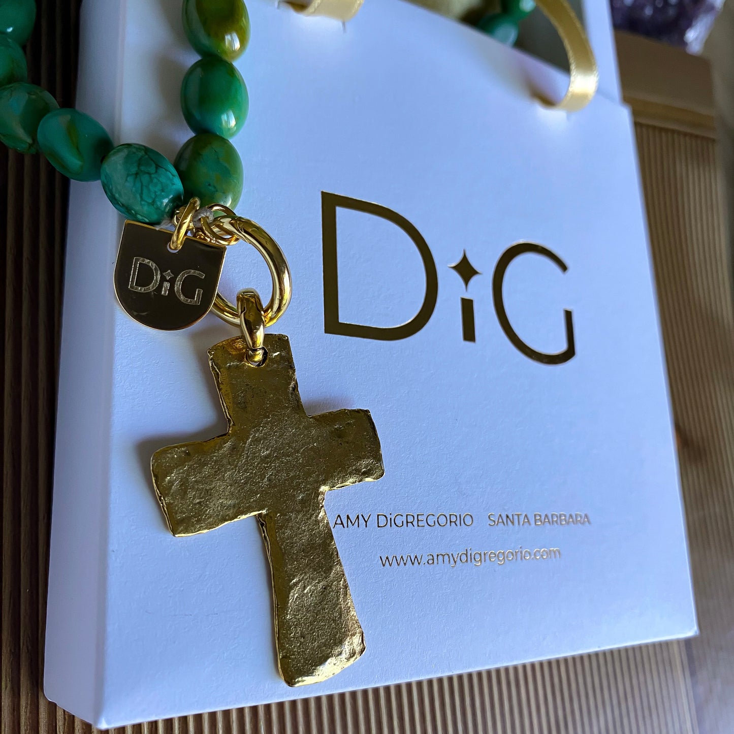 Large Gold Cross & Green Turquoise Necklace