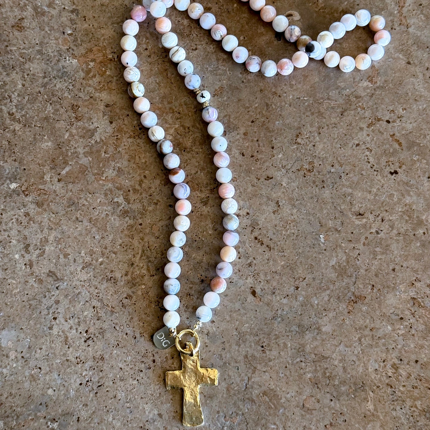 Large Gold Cross & Pink Opal Necklace