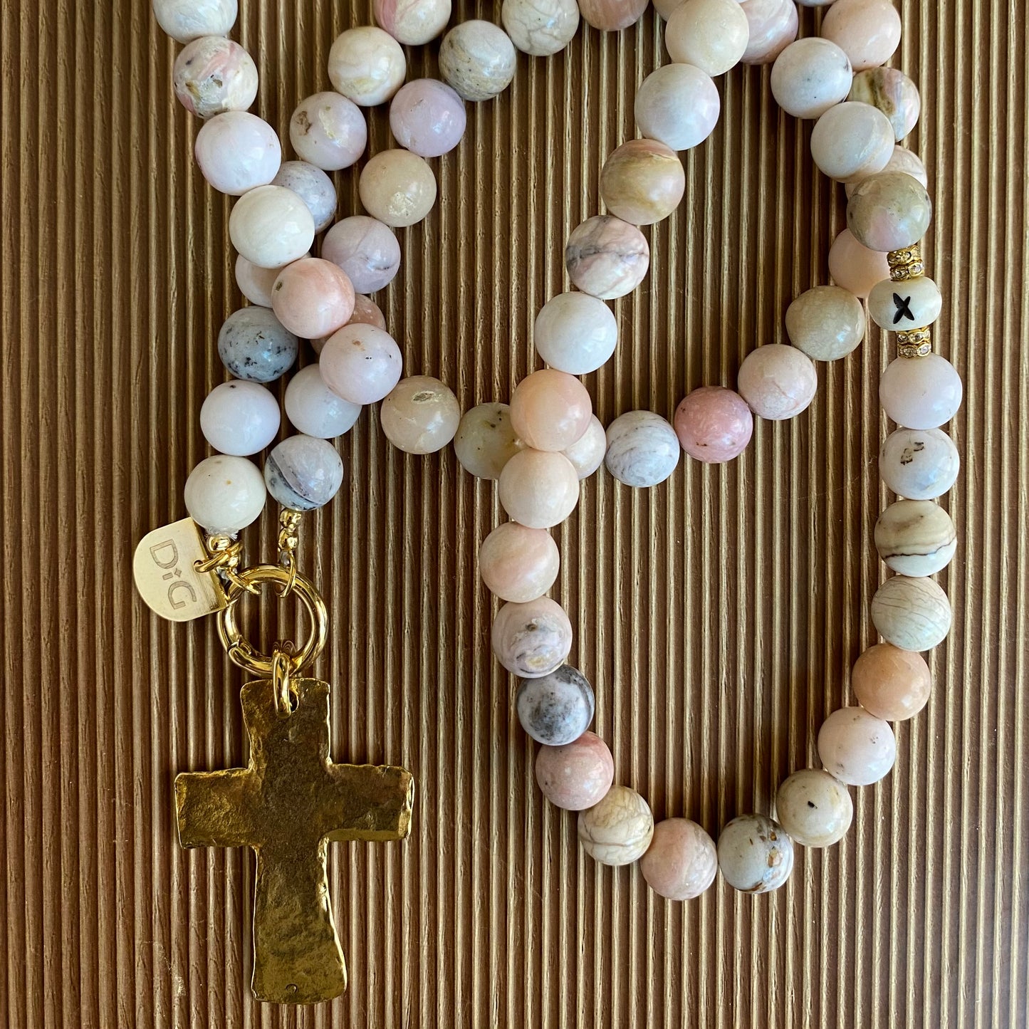 Large Gold Cross & Pink Opal Necklace