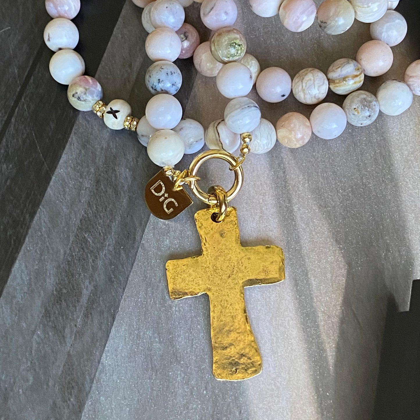 Large Gold Cross & Pink Opal Necklace