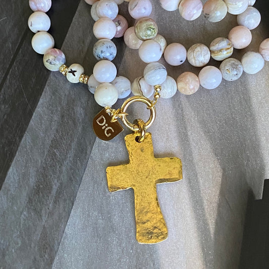 Large Gold Cross & Pink Opal Necklace