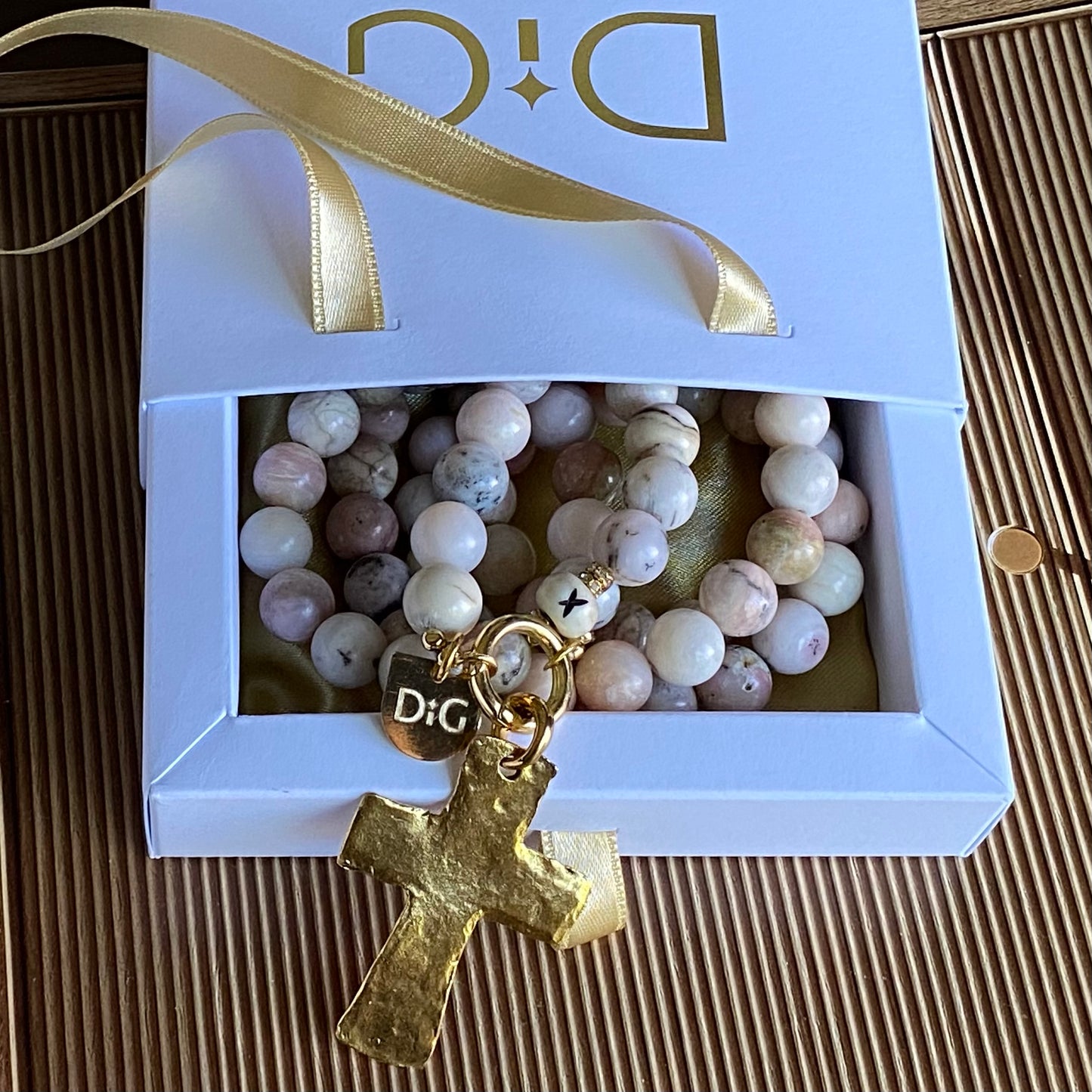 Large Gold Cross & Pink Opal Necklace