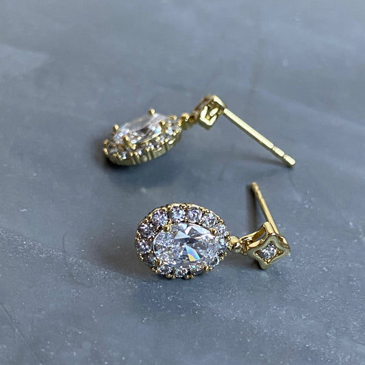 Gold Drop Oval Halo Studs