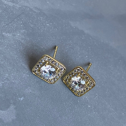 Gold Square Halo Studs